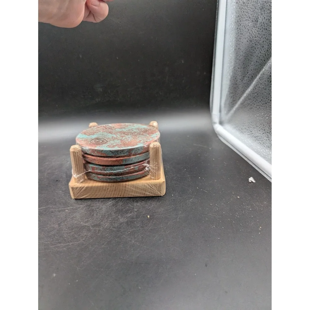 Handmade Southwestern Stone Coasters Set of 4 Verdigris Patina with Wood Holder